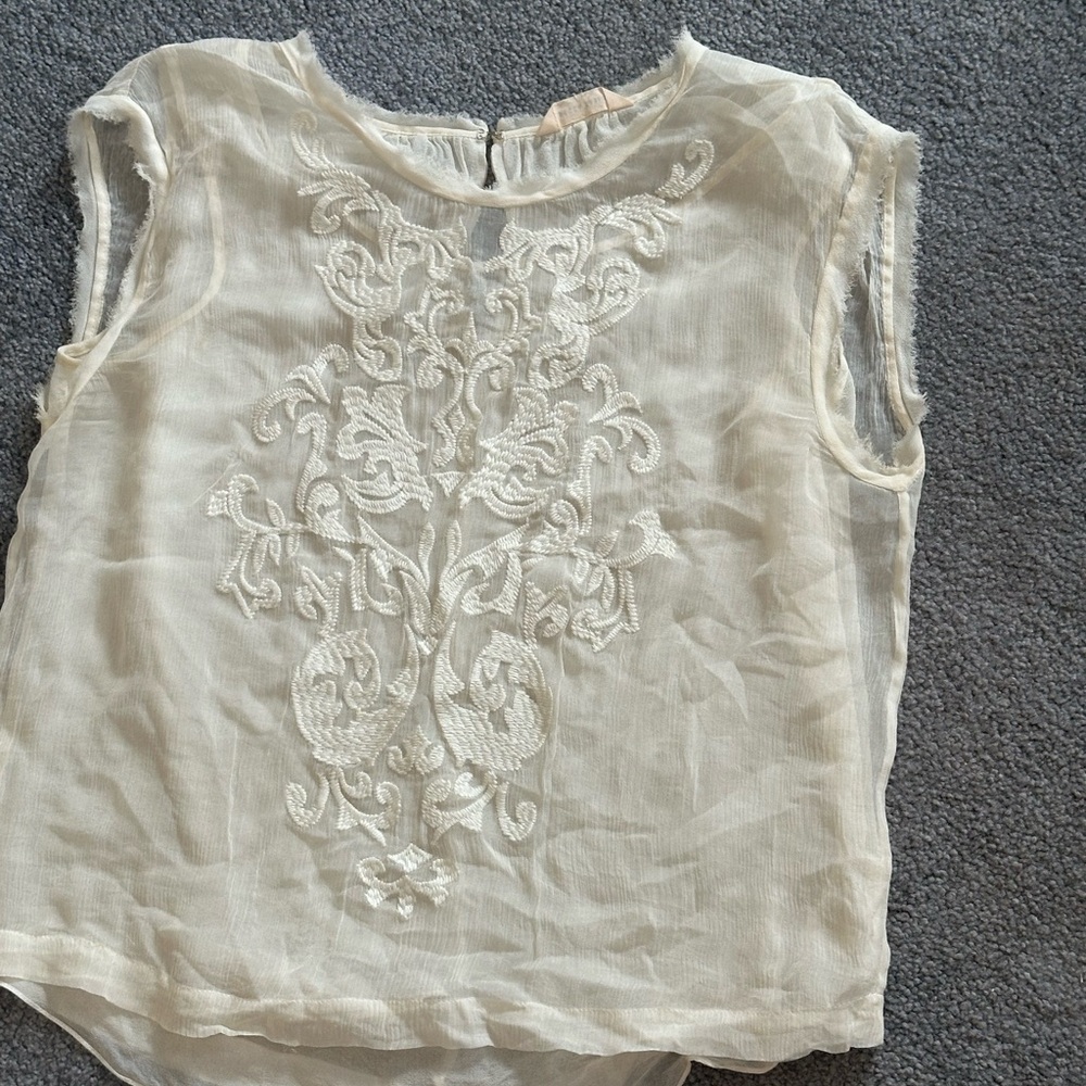 Rebecca Taylor Cream Sheer Embroidered Sleeveless Top